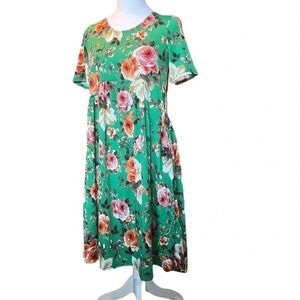 Agnes & Dora Green Pullover Dress With Coral Flowers Short Sleeve Size XS